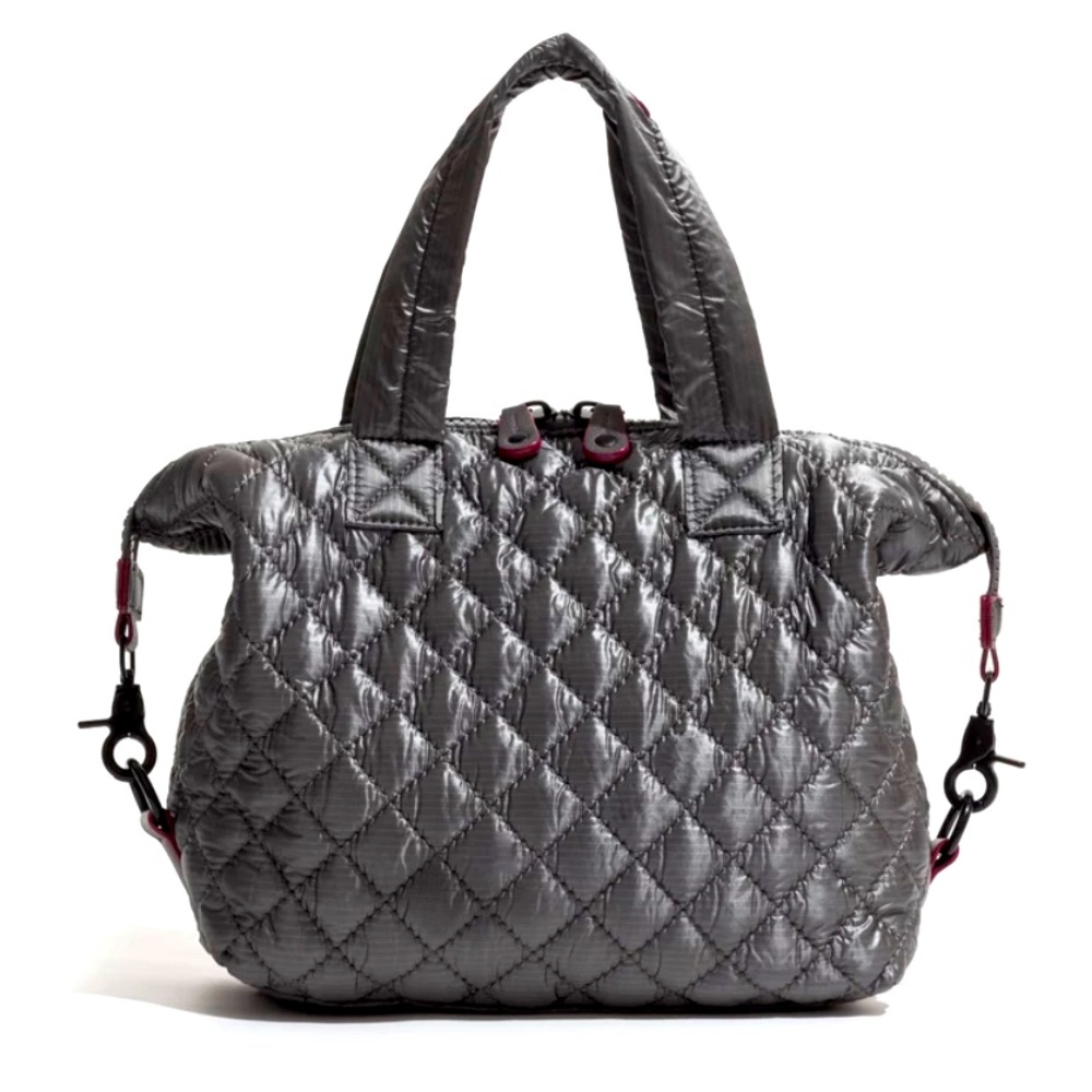 Quilted Tote Handbag. Dark Gray Silver/Metallic color. Waterproof!